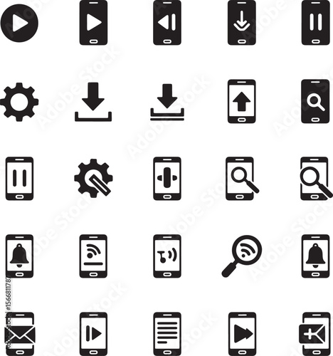 Collection of black smartphone interface icons including play pause download upload search and settings