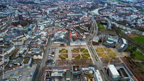 Fototapeta Naklejka Na Ścianę i Meble -  Aerial view of the downtown of the city Kassel in Germany on a cloudy afternoon in autumn