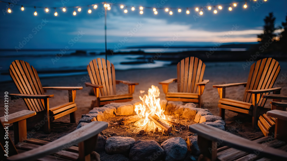 Fototapeta premium Beach bonfire with wooden chairs arranged in circle on sandy shore under string lights at dusk, creating warm and inviting atmosphere by water