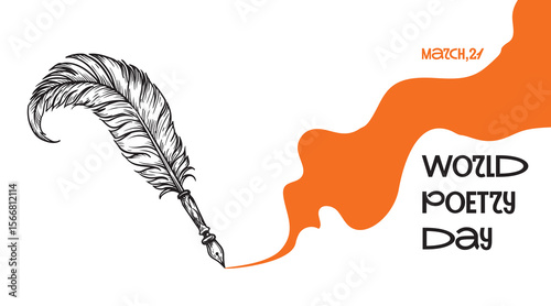 World Poetry Day design template banners. March 21. Poetry day celebration banner in bright orange color, sketch quill pen, ink and letters. 