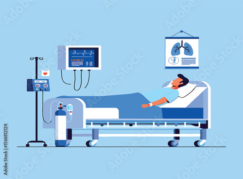 Hospital Patient in Bed Vector Illustration