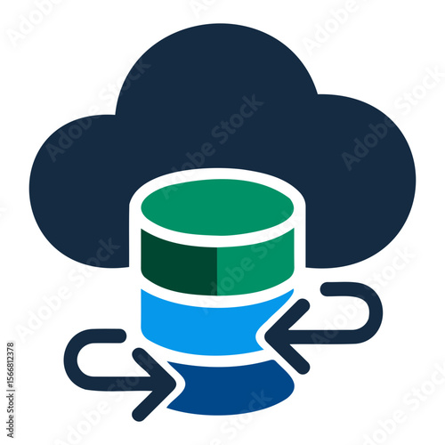 A cloud database with green and blue tiers and circular arrows indicating data transfer flow