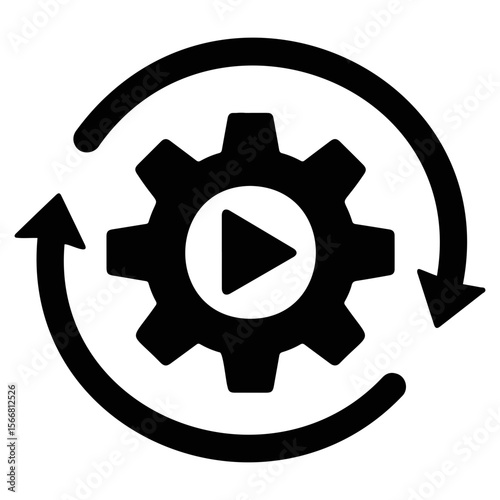 Black gear with play symbol inside and curved arrows revolving around it in a circular motion