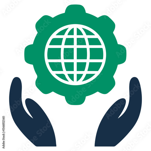 Hands holding a green gear with a globe inside representing global technology solutions and support