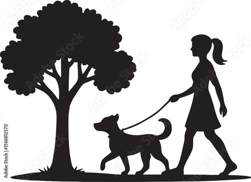 Walking girl with dog in park silhouette art with tree and white backdrop