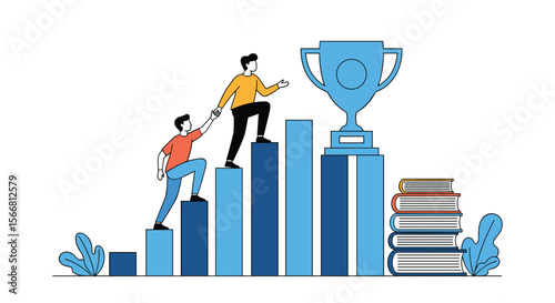 Two people collaborating climbing upwards on a bar chart towards a trophy symbolizing success and achievement through mutual support and shared goals