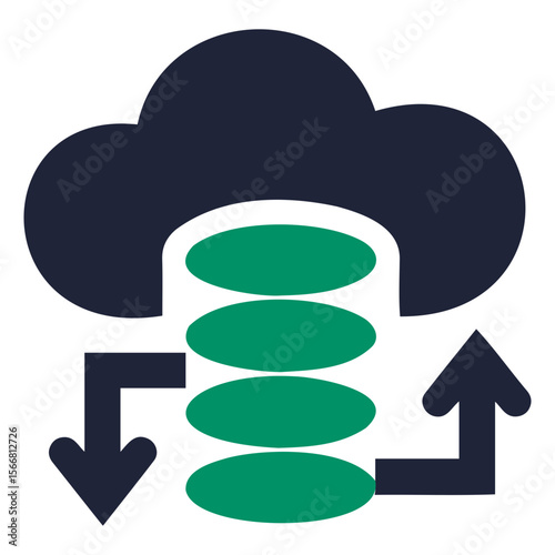 Illustration of a dark cloud above a green database with arrows pointing to and from it