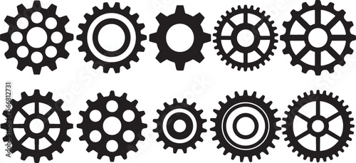 Black and White Vector Silhouette Set of Ten Cogwheels Gear Icons Various Sizes and Designs Mechanical Engineering Industrial Parts Traced Illustration