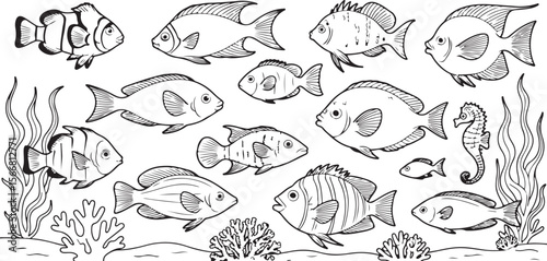 Black and White Vector Silhouette Illustration of Various Tropical Fish Species Including a Seahorse Surrounded by Seaweed and Coral Reef Elements