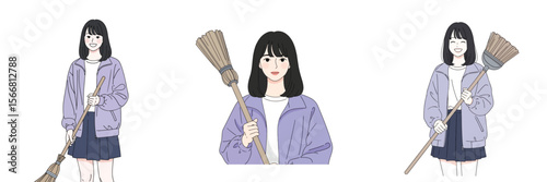 Vector set of a woman holding a broom