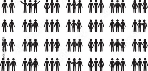 Black Silhouette Vector Icons of People Groups Couples and Individuals Holding Hands Various Combinations Isolated on White Background