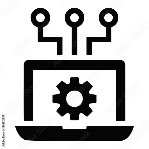 Laptop with gear and connected nodes representing technology and system configuration process