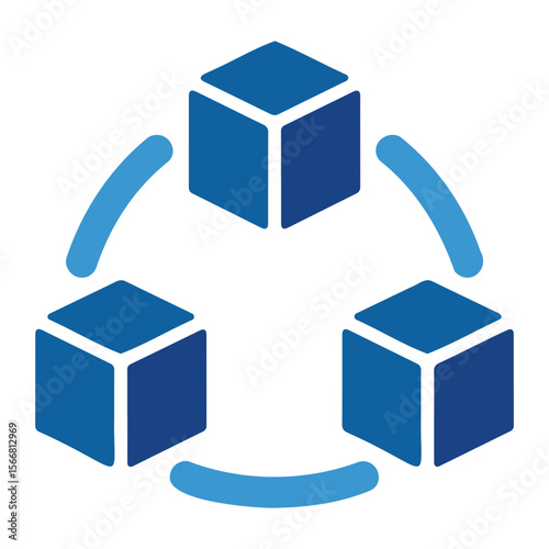 Three blue cubes arranged in a circular pattern with connecting arcs on a white background