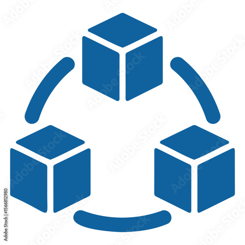 Three dimensional cubes connected by curved lines in a circular arrangement design icon art