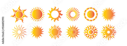 Colorful Sun and Sunset Icons Set. Summer, Sunrise, and Weather Symbol Collection. 