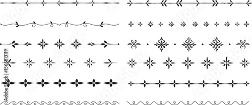 Black Vector Silhouettes of Eight Decorative Borders Featuring Floral Leaf Vine and Geometric Star Flower Designs for Text Separation Page Decoration