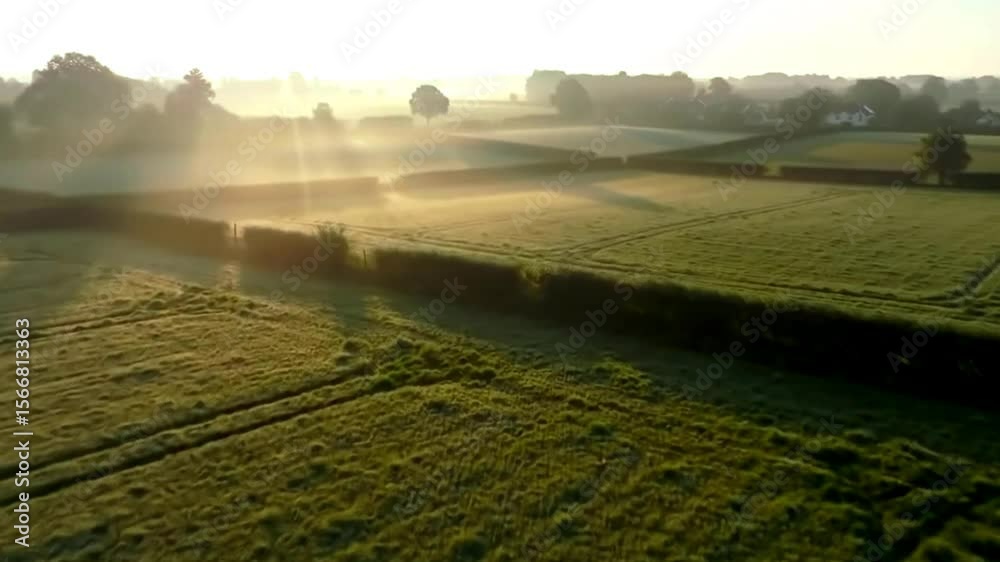 Drone Flyover of Sunrise Misty Farmland