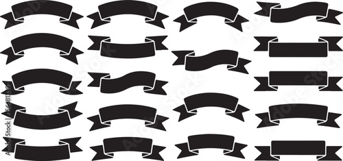 Collection of sixteen black vector silhouettes of various ribbon banner shapes traced design elements for graphic design projects and website layouts