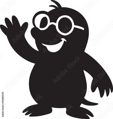 Cute mole character silhouette with glasses waving in cartoon style on white