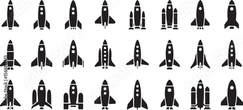 Collection of Twenty Four Black Silhouette Rocket Ship Icons Vector Graphics Spacecraft Launch Exploration Travel Startup
