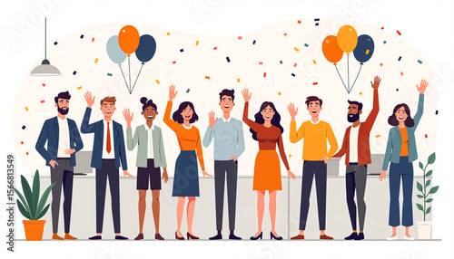 Happy retirement card illustration – diverse coworkers waving goodbye and celebrating colleague’s last day with balloons and confetti, flat vector style for office farewell and goodbye events