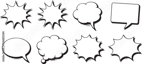 Eight Black and White Comic Book Style Speech Bubbles Vector Silhouettes Set Various Shapes Including Starburst and Cloud Forms Empty Text Boxes for