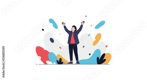 A joyful person celebrating success with arms raised high amidst colorful abstract shapes and confetti pieces