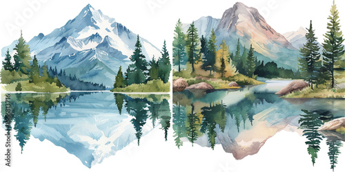 serene mountain lake watercolor vector illustration