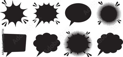 Eight Black Vector Silhouettes of Speech Bubbles and Starburst Shapes on White Background Collection of Graphic Design Elements for Comics and Text