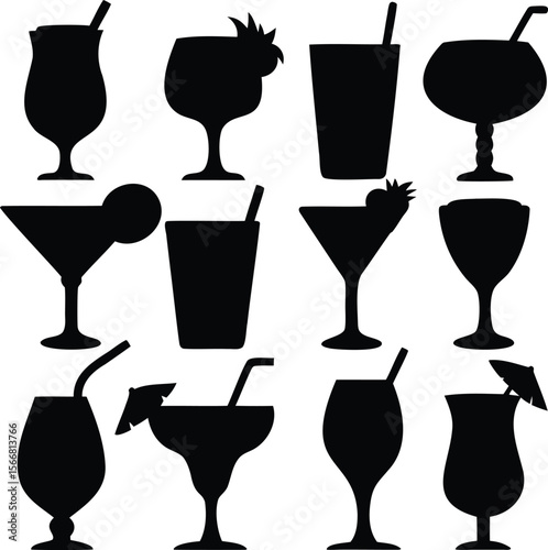  Variety of Cocktail Glass Silhouettes – Classic and Tropical Drinks – Vector Illustration