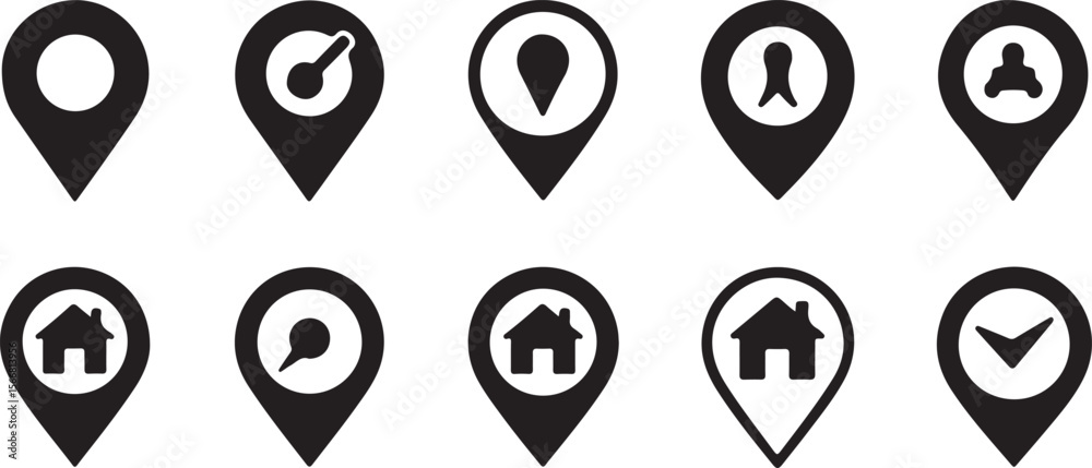 Ten Black Vector Map Location Pin Icons Set Isolated on White Background Simple Minimalist Style Circle Inside Pointer Symbols Collection G P S Ten Black Vector Map Location Pin Icons Set Isolated on White Background Simple Minimalist Style Circle Inside Pointer Symbols Collection G P S