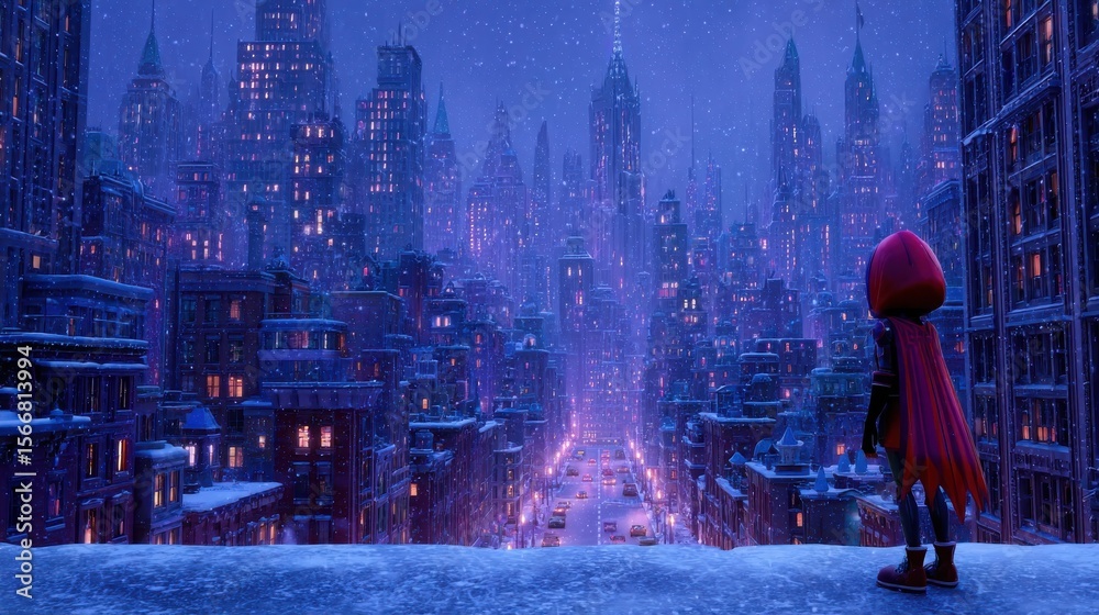 Fototapeta premium Enchanted Cityscape at Night with Heroic Figure Overlooking Snowy Urban Landscape in Vibrant Neon Colors