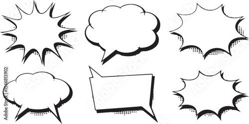 Six Black and White Comic Book Style Speech Bubbles Vector Silhouettes with Halftone Dotted Backgrounds Various Shapes and Sizes Empty Text Boxes for