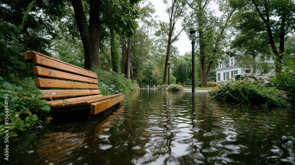 Flooded city street park bench Flooded city street park bench