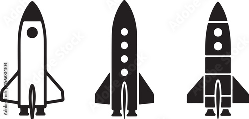 Three Black and White Rocket Ship Silhouettes Vector Illustration Traced Designs Spacecraft Launch Icons Startup Symbols