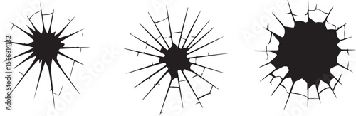 Three Black Vector Silhouettes of Shattered Glass with Irregular Cracks and Starburst Patterns on White Background