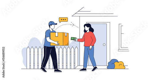 Friendly delivery person hands over package to happy customer outside their house during daytime