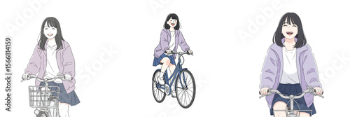 Vector set of a woman on a bicycle