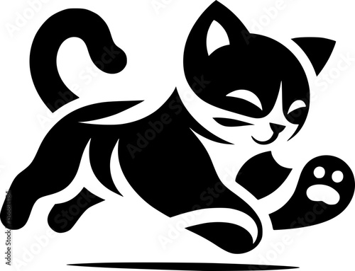 Playful cat pouncing in minimalist black flat vector, fun dynamic pose
