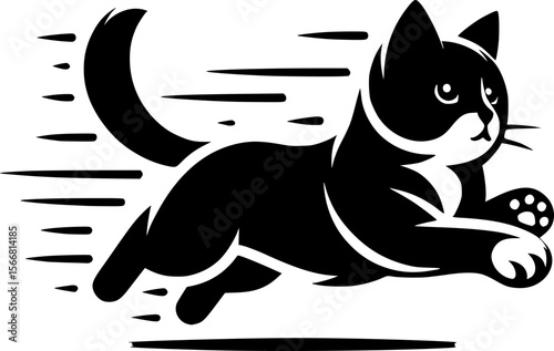 Playful cat pouncing in minimalist black flat vector, fun dynamic pose
