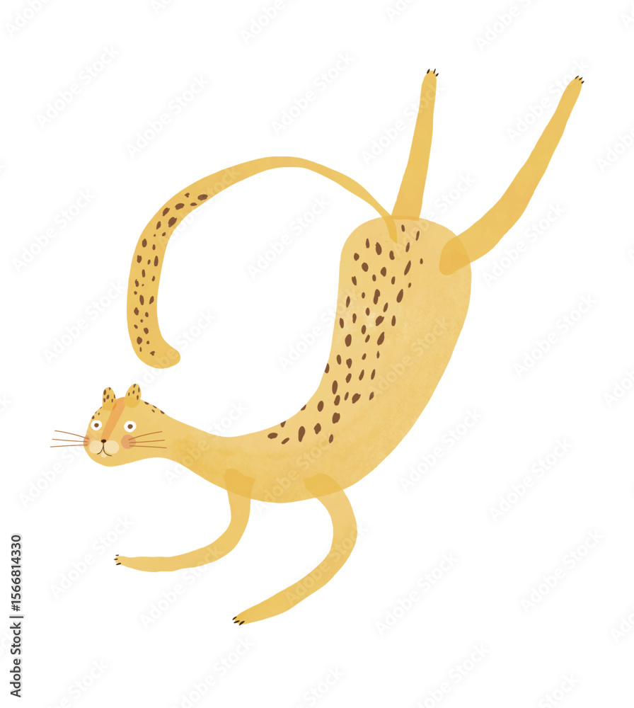 Obraz premium Cute Jumping Cheetah. Funny Print With Cheetah. Childish Drawing-like Vector Illustration Of Happy Leopard. Yellow Wild Cat On A White Background. Kids Room Decoration. 