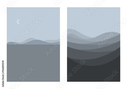 Mountain and hills landscapes vector illustration posters. Uncolored vector illustration