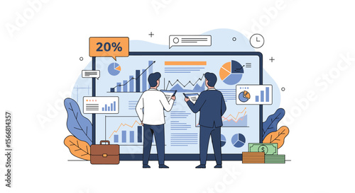 Business professionals analyzing financial data and growth trends on a large digital display showing various charts and graphs