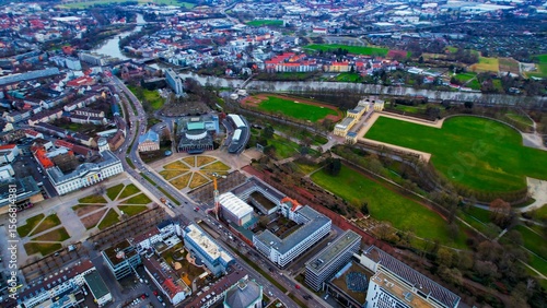 Fototapeta Naklejka Na Ścianę i Meble -  Aerial view of the downtown of the city Kassel in Germany on a cloudy afternoon in autumn