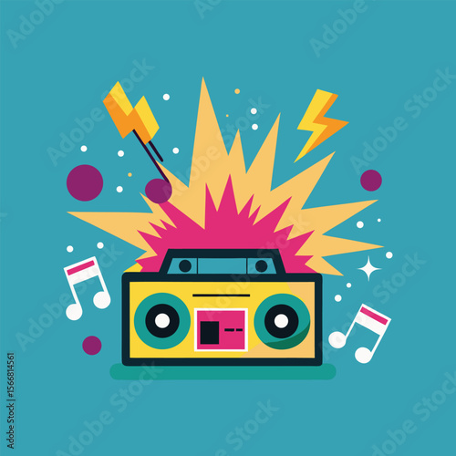 Retro boom box exploding with colorful music notes, vibrant sound waves, dynamic audio illustration, energetic party, vintage music device vector