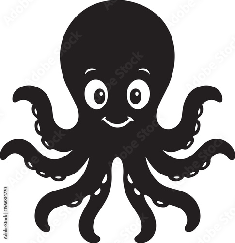 Smiling octopus vector silhouette illustration in simple design on white background