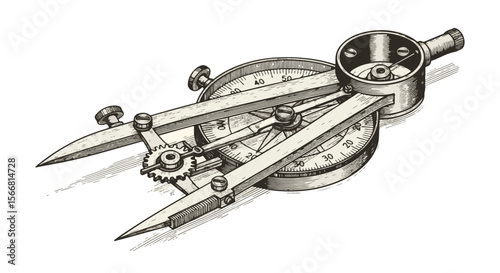 Technical drawing compass and protractor on white background  