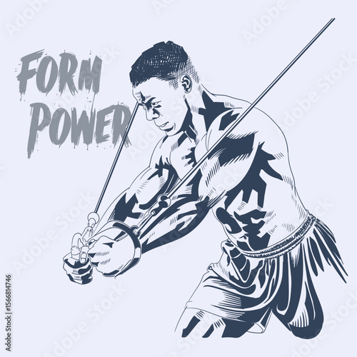 Hand Drawn Illustration of Muscular Man Performing Cable Crossover Chest Exercise