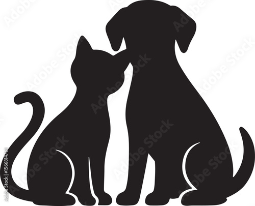 Silhouette of adorable cat and dog sitting together in friendship on white background