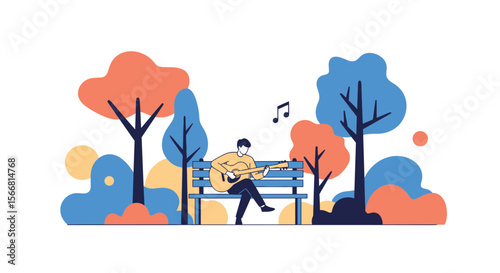 A man sits on a park bench playing his guitar and enjoying the beautiful autumn day surrounded by colorful trees and nature